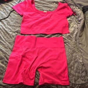 No Boundaries Hot Pink Ribbed Lounge Crop Set